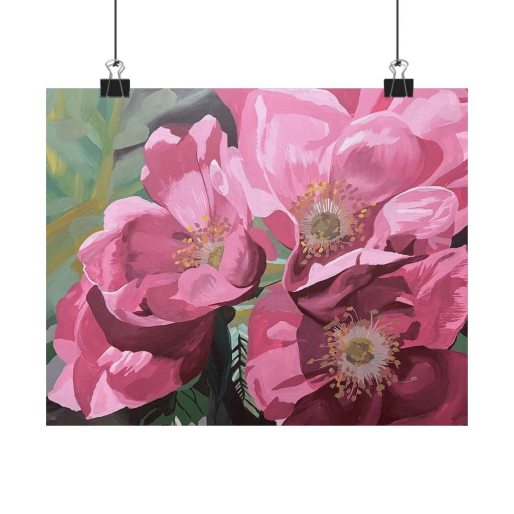 Maine Rugosa Rose Painting Matte Horizontal Poster | Pink Close-Up Floral Print