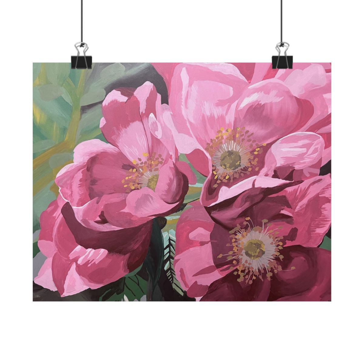 Maine Rugosa Rose Painting Matte Horizontal Poster | Pink Close-Up Floral Print